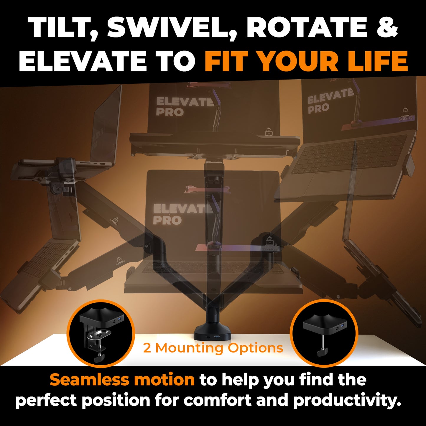 Deskello Elevate Pro - Heavy-Duty Laptop Mount for Desks (11"-17.3" - max. 26lbs)
